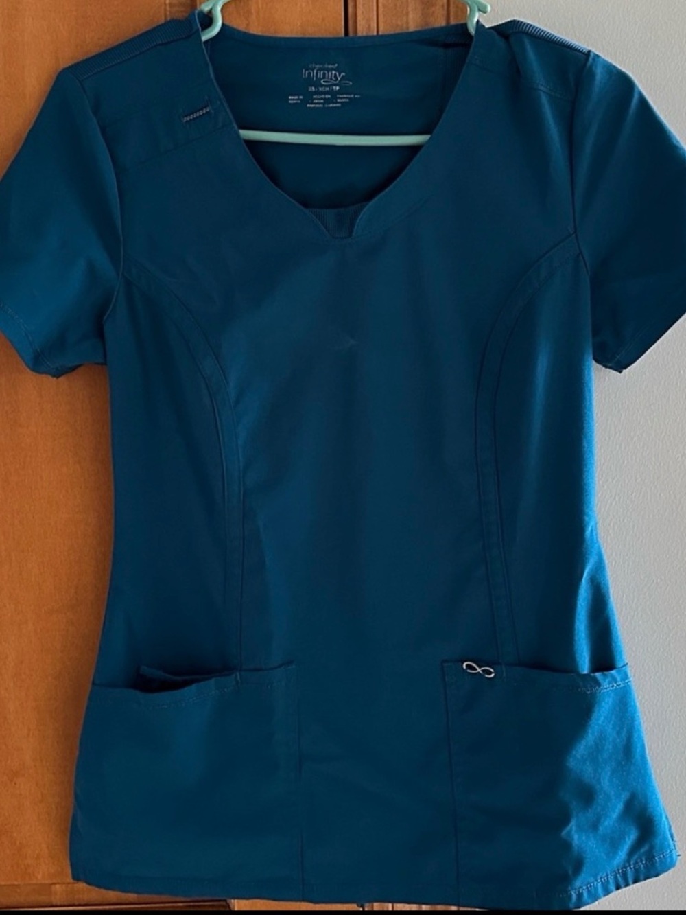 Cherokee Infinity Teal Blue Mock Wrap V-Neck Athletic Scrub Top XS